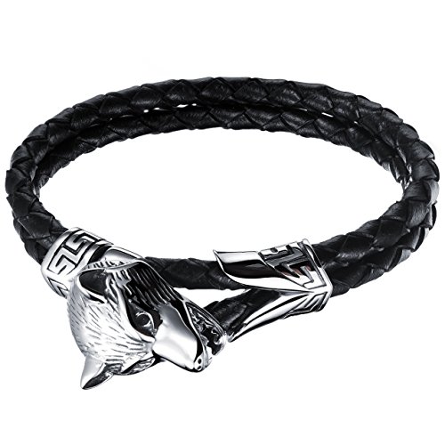 Cupimatch Wikinger Wolf Kopf Leder Armband Herren Viking Geflochten Lederarmband Männer Gothic Punk Edelstahl von Cupimatch