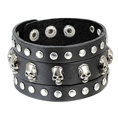 Cupimatch Herren Retro Breites Lederarmband, Gotik Punk Rock Geflochten Manschette Kordelkette Armband mit Totenkopf Schädel Nieten, Verstellbaren Größen, Leder Legierung, Schwarz von Cupimatch