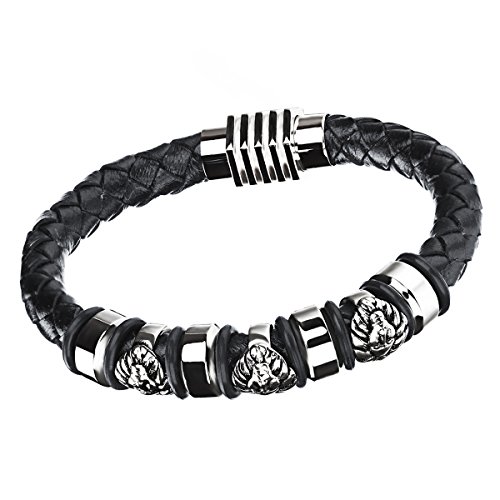 Cupimatch Herren Retro Lederarmband, Edelstahl Ägypten Pharao Kugel wulstige geflochten Leder Manschette Kordelkette Armband, schwarz silber von Cupimatch