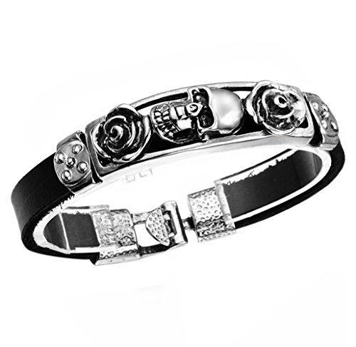 Cupimatch Herren Retro Schädel Lederarmband, Gotik Punk Rock Legierung Rose Totenkopf geflochten Manschette Kordelkette Armband, schwarz silber von Cupimatch