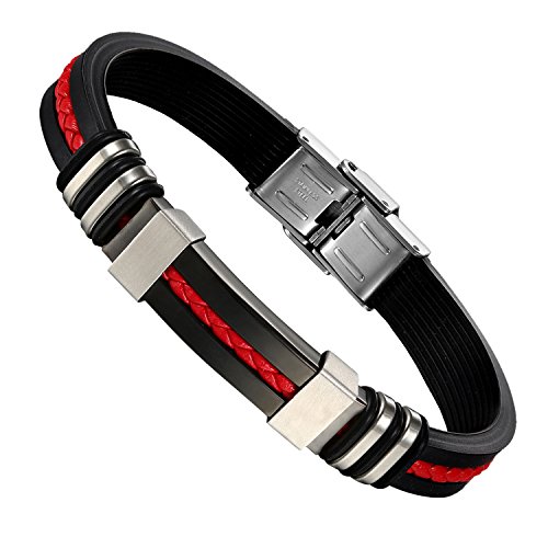 Cupimatch Herren Silikon Armband schwarz rot, Edelstahl Biker Punk Rock Stil geflochten Manschette Lederarmband Herren Armreif von Cupimatch