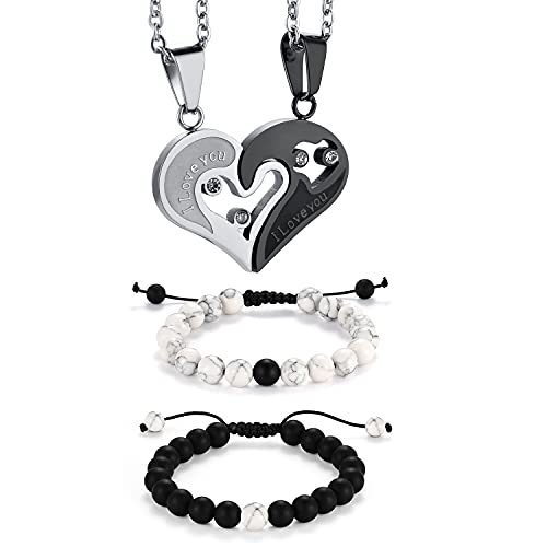 Cupimatch Herz Paar Kette Pärchen Armband Schmuckset Liebe Herz Anhänger Halskette Naturstein Perlen Armband Geschenk für Herren und Damen von Cupimatch