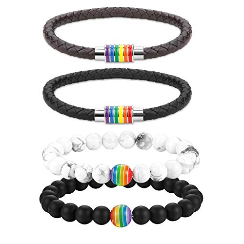 Cupimatch 4PCS Gay Pride Lederarmband LGBT Regenbogen Armband Natursteinen Armband Geflocht Leder Armreif, Schwarz Weiß von Cupimatch