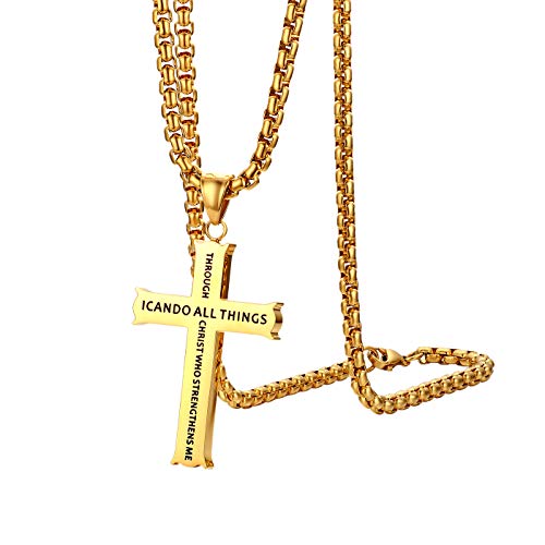 Cupimatch Kreuz Halskette Herren Edelstahl Kette mit Bibel Gravur für Männer Hals Schmuck Christ Anhänger Jungen 56cm, Gold von Cupimatch