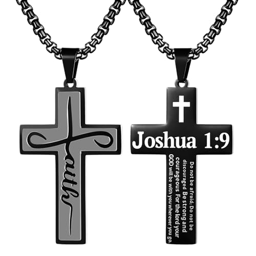 Cupimatch Kreuz Halskette Religiöse Schmuck: Edelstahl Kreuzanhänger mit Inspirierende Bibelverse Joshua 1:9 Verstellbare Kette Christliche Geschenke für Männer Jungen Vatertag Ostern Geburtstag von Cupimatch