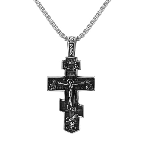 Cupimatch Kreuz Halskette für Herren: Orthodoxe Kette mit Jesus Anhänger aus Edelstahl im Vintage Stil Religiöser Christlicher Schmuck für Männer Jungen von Cupimatch