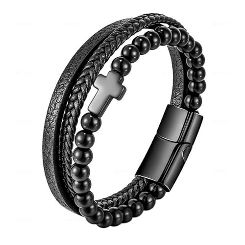 Cupimatch Kreuz Herren Leder Armband: Mehrschichtiges Geflochtenes Lederarmband aus Edelstahl mit Kreuzmanschette Perlen Schmuck Geschenk für Valentinstag Weihnachten Geburtstag Jahrestag von Cupimatch