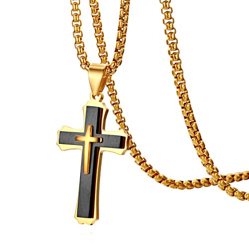 Cupimatch Kreuz Kette Herren Edelstahl Halskette Bibel für Männer Jungen Hals Schmuck Christentum Anhänger 56cm, Schwarz von Cupimatch