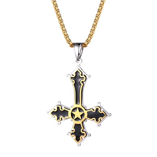 Cupimatch Kreuz Kette Herren Halskette: Umgekehrtem Kreuz Anhänger mit 60cm Kette Gothic Punk Edelstahl Pentagramm-Halskette Gebetsschmuck für Männer Jungen, Gold Schwarz von Cupimatch