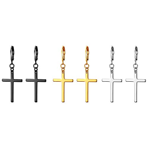 Cupimatch Kreuz Ohrringe Damen Herren 3 Paare Set Fake Plug Ohr Schmuck mit Kreuz Anhänger Ohrstecker, Gold Silber Schwarz von Cupimatch