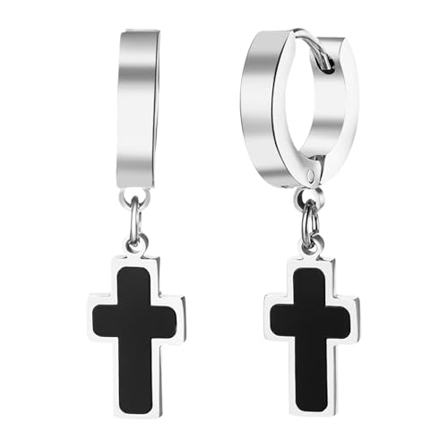Cupimatch Kreuz Ohrringe Damen Herren: Edelstahl Huggie Creolen mit Muschel Kreuzanhänger Klassisches Cross Ohrhänger Unisex Ohrstecker Religiöser Schmuck zum Weihnachten Geburtstag, Schwarz-Silber von Cupimatch