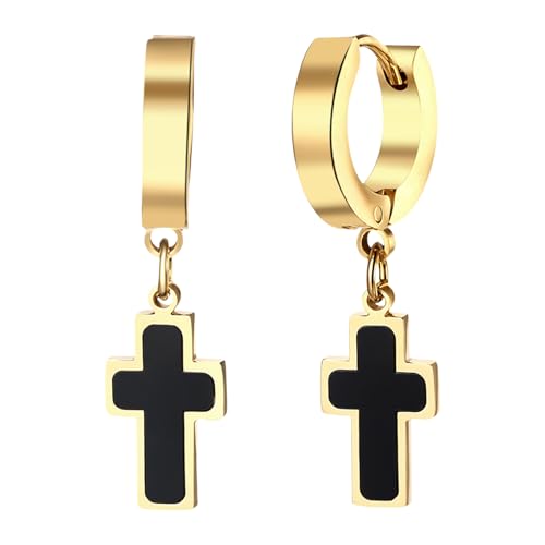 Cupimatch Kreuz Ohrringe Damen Herren: Edelstahl Huggie Creolen mit Muschel Kreuzanhänger Klassisches Cross Ohrhänger Unisex Ohrstecker Religiöser Schmuck zum Weihnachten Geburtstag, Schwarz-Gold von Cupimatch