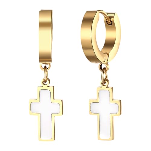 Cupimatch Kreuz Ohrringe Damen Herren: Edelstahl Huggie Creolen mit Muschel Kreuzanhänger Klassisches Cross Ohrhänger Unisex Ohrstecker Religiöser Schmuck zum Weihnachten Geburtstag, Weiß-Gold von Cupimatch