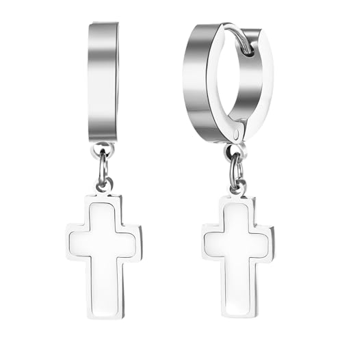 Cupimatch Kreuz Ohrringe Damen Herren: Edelstahl Huggie Creolen mit Muschel Kreuzanhänger Klassisches Cross Ohrhänger Unisex Ohrstecker Religiöser Schmuck zum Weihnachten Geburtstag, Weiß-Silber von Cupimatch
