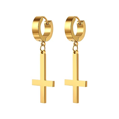 Cupimatch Kreuz Ohrringe Gold Ohrstecker Inverted Cross Creolen Edelstahl Ohrringe Gothic Herren Damen Upside Down Kreuz Ohrringen von Cupimatch