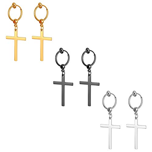 Cupimatch Kreuz Ohrringe Set Damen Herren Edelstahl Lang Baumeln Ohr Schmuck Kreuzanhänger Creolen Ohrstecker Silber/Gold/Schwarz Weihnachten Geschenke von Cupimatch