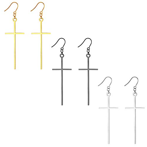 Cupimatch Kreuz Ohrringe Set Damen Herren Edelstahl Lang Baumeln Ohr Schmuck Kreuzanhänger Ohrstecker Silber/Gold/Schwarz Weihnachten Geschenke von Cupimatch