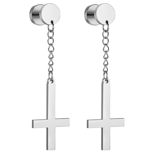 Cupimatch Kreuz Ohrstecker Petruskreuz Ohrringe: Inverted Cross Upside Down Kreuz Hantel Ohrringen Edelstahl Ohrringe Religiöser Schmuck Geschenk für Herren Damen von Cupimatch