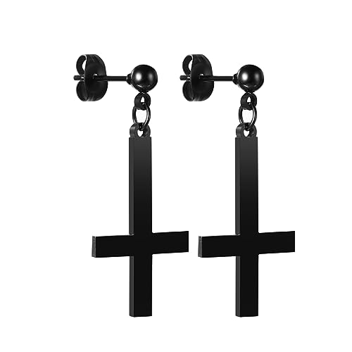 Cupimatch Kreuz Ohrstecker Schwarz Petruskreuz Ohrringe - Inverted Cross Upside Down Kreuz Ohrringen Edelstahl Ohrringe für Herren Damen von Cupimatch