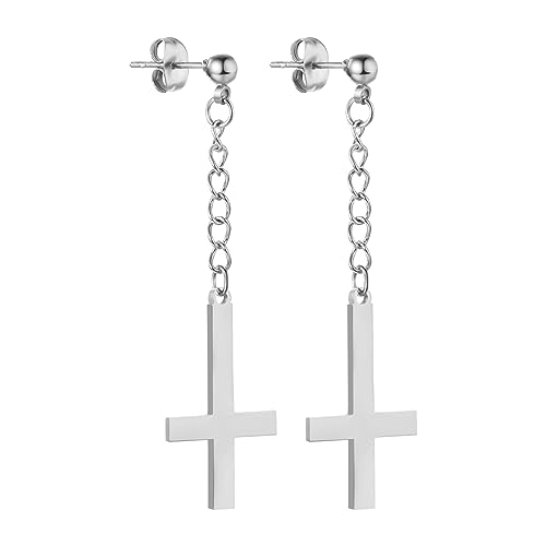 Cupimatch Kreuz Ohrstecker Silber Ohrringe - Kette mit Inverted Cross Ohrhänger Edelstahl Ohrringe Gothic Herren Damen Upside Down Kreuz Ohrringen von Cupimatch