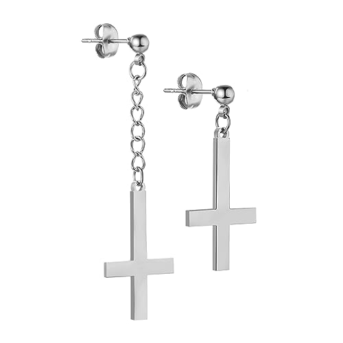 Cupimatch Kreuz Ohrstecker Silber Petruskreuz Ohrringe - Inverted Cross Upside Down Kreuz Ohrringen Edelstahl Ohrringe Religiöser Schmuck Geschenke für Herren Damen von Cupimatch