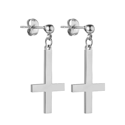 Cupimatch Kreuz Ohrstecker Silber Petruskreuz Ohrringe - Inverted Cross Upside Down Kreuz Ohrringen Edelstahl Ohrringe für Herren Damen von Cupimatch