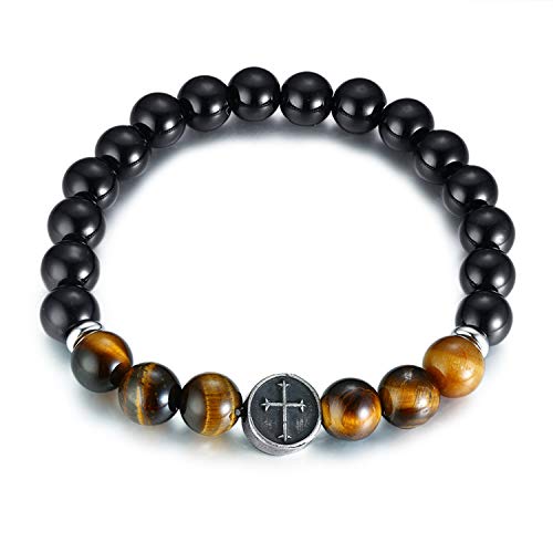 Cupimatch Kugel Armband Herren Vintage Tigerauge Kreuz zum Gebet Perlenarmband von Cupimatch