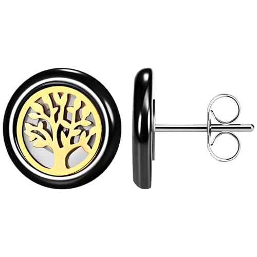 Cupimatch Lebensbaum Keramikohrringe für Damen: Exquisite hypoallergenes Ohrstecker mit einzigartigem Design Modische Schmuckgeschenke für Damen Mädchen Mama Valentinstag Muttertag Gold Schwarz von Cupimatch
