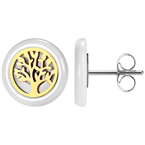 Cupimatch Lebensbaum Keramikohrringe für Damen: Exquisite hypoallergenes Ohrstecker mit einzigartigem Design Modische Schmuckgeschenke für Damen Mädchen Mama Valentinstag Muttertag Gold Weiß von Cupimatch