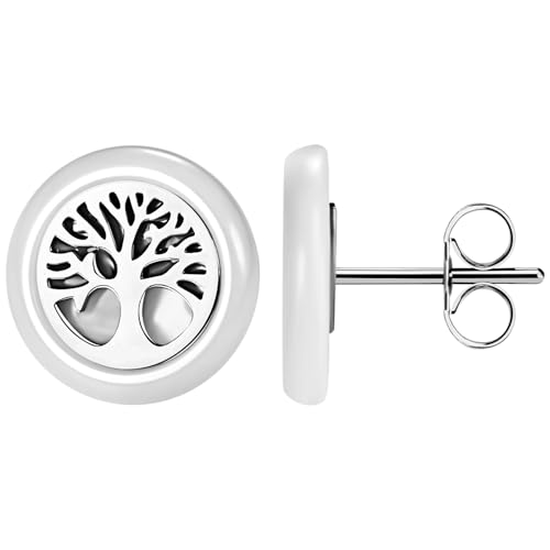 Cupimatch Lebensbaum Keramikohrringe für Damen: Exquisite hypoallergenes Ohrstecker mit einzigartigem Design Modische Schmuckgeschenke für Damen Mädchen Mama Valentinstag Muttertag Silber Weiß von Cupimatch