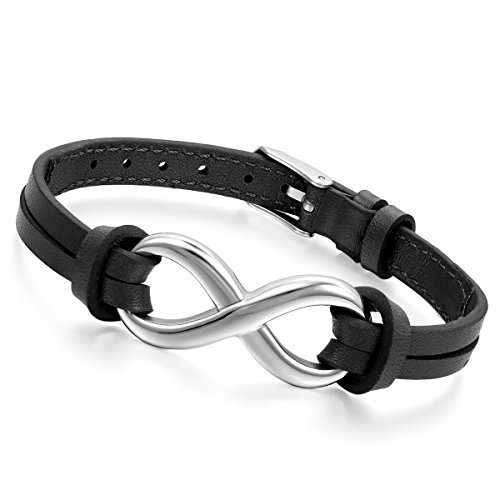 Cupimatch Leder Damen Herren Armband, Retro Infinity Unendlichkeit Lieben Zeichen Armreifen, 23cm Verstellbaren Größen, schwarz silber von Cupimatch