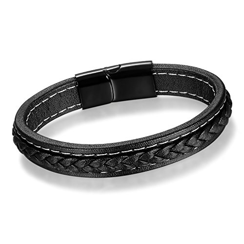 Cupimatch Lederarmband Herren, geflochten Manschette Kordelkette Edelstahl Magnet Verschluss Armband schwarz von Cupimatch