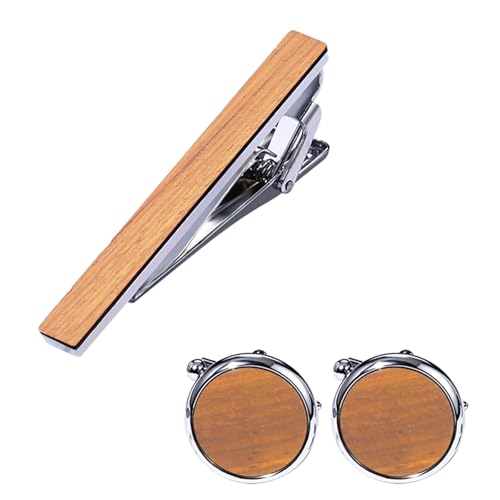 Cupimatch Manschettenknöpfe und Krawattenklammer Set: Vintage 1 Paar Runde Manchettenknoepfe und Krawattennadel Herren Holzschmuck Geschenk für Männer Vater Freund, Hellbraun von Cupimatch