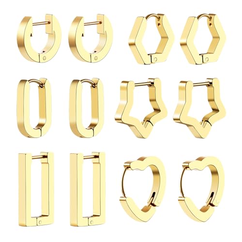 Cupimatch Ohrringe Creolen Set Damen: 6 Paar Hypoallergene Edelstahl Huggie-Ohrringe in verschiedenen Formen Herz/Stern/Sechseck/Kreis/Rechteck/U-Form Elegant Schmuck Geschenk für Frauen Mädchen, Gold von Cupimatch