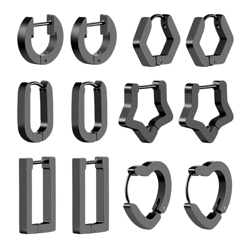 Cupimatch Ohrringe Creolen Set Damen: 6 Paar Hypoallergene Edelstahl Huggie-Ohrringe in verschiedenen Formen Herz/Stern/Sechseck/Kreis/Rechteck/U-Form Elegant Schmuck für Frauen Mädchen, Schwarz von Cupimatch
