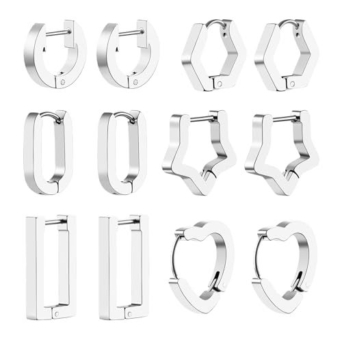 Cupimatch Ohrringe Creolen Set Damen: 6 Paar Hypoallergene Edelstahl Huggie-Ohrringe in verschiedenen Formen Herz/Stern/Sechseck/Kreis/Rechteck/U-Form Elegant Schmuck für Frauen Mädchen, Silber von Cupimatch