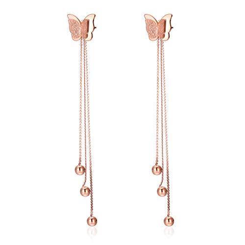 Cupimatch Schmetterling Ohrringe Ohrstecker Damen Rosegold Schleifsand Dreifach Kugel Anhänger Edelstahl Lang von Cupimatch