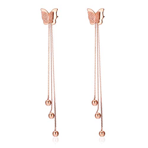Cupimatch Schmetterling Ohrringe Ohrstecker Damen Rosegold Schleifsand Dreifach Kugel Anhänger Edelstahl Lang von Cupimatch