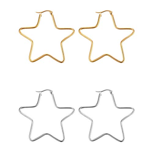 Cupimatch 2 Paare Stern Ohrringe Creolen Star Earrings Hoop Ohrstecker Piercing Geschenk für damen mädchen von Cupimatch