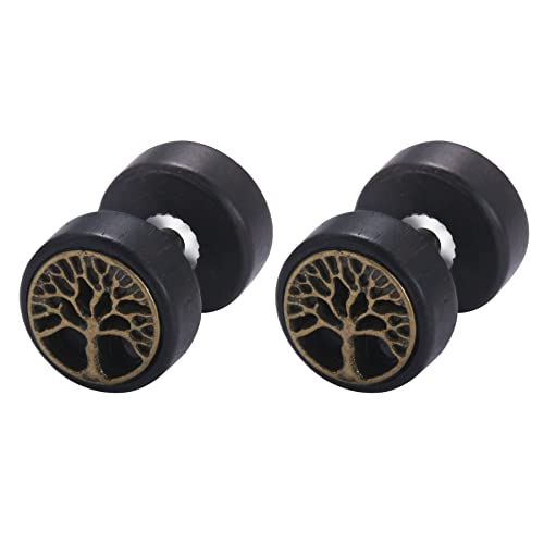 Cupimatch Ohrstecker Herren Ohrringe 3 Paar Holz Earrings Klassische Vintage Hölzerne Unisex Runde Titan-Ohrringe Set Lebensbaum Hantel Ohrringe für Männer Frauen von Cupimatch