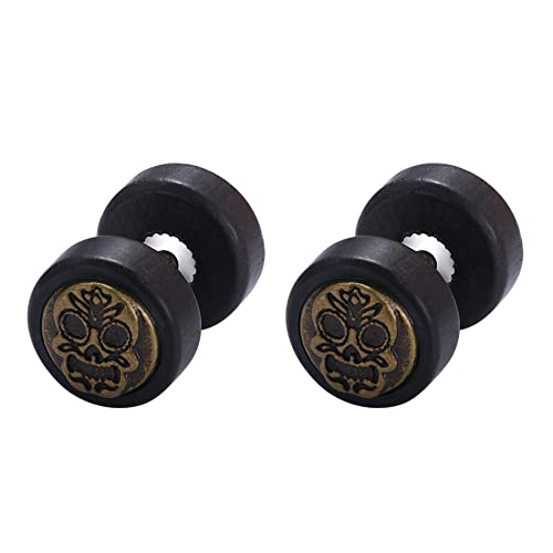 Cupimatch Ohrstecker Hantel Ohrringe Holz: Gothic Schwarz Hantel Edelstahl Fake Plug Totenkopf Earrings Klassische Vintage Hölzerne Unisex Runde Ohrschmuck Hip Hop Geschenk für Männer Frauen von Cupimatch