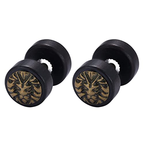 Cupimatch Ohrstecker Hantel Ohrringe Holz: Gothic Schwarz Hantel Edelstahl Fake Plug Löwenkopf Earrings Klassische Vintage Hölzerne Unisex Runde Ohrschmuck Hip Hop Geschenk für Männer Frauen von Cupimatch