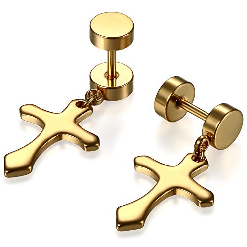 Cupimatch Ohrstecker Kreuz Hängende Ohrringe: Cross Drop Ohrringe Gold Edelstahl Quasten Ohrringe Stecker Creolen Religiöser Schmuck Geschenk für Männer Frauen Mädchen Jungen von Cupimatch