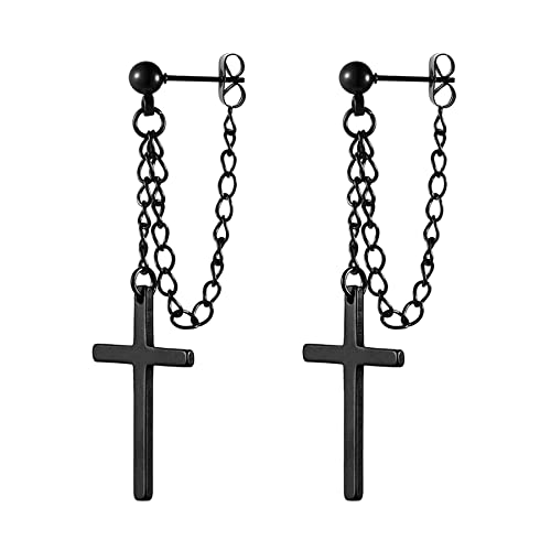 Cupimatch Ohrringe: Kreuz Dangle Drop mit Kette Edelstahl Quasten Hängend Stecker Religiöser Schmuck Geschenk für Männer Frauen Mädchen Jungen von Cupimatch