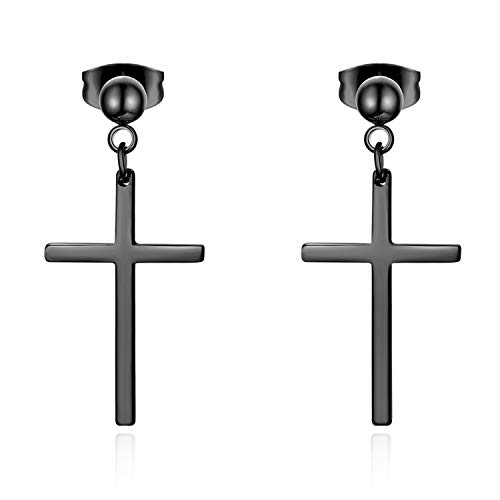 Cupimatch Ohrstecker Kreuz Hängende Ohrringe: Schwarz Edelstahl Quasten Ohrringe Stecker Religiöser Schmuck Geschenk für Männer Frauen Mädchen Jungen von Cupimatch