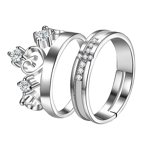 Cupimatch Paar Versprechen Ring Verlobungsring - Cubic Zirkonia Love Crown Frauen Versprechen Ring, Edelstahl Kreuz Männer Ring Verlobung Hochzeit Geschenk Ring für Frauen Männer, Einstellbare Größe von Cupimatch