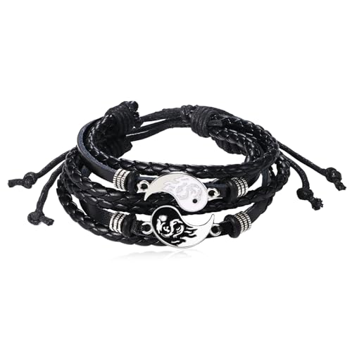 Cupimatch Pärchen Armbänder Leder YinYang: Verstellbares Seil Armband Kordelkette Damen Herren Lieben Lederarmband Armreif Daoismus Tai Chi Anhänger für verliebte Partner von Cupimatch