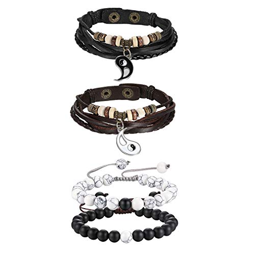 Cupimatch 4PCS Yin Yang Paar Armband Naturstein Armbänder Taichi Lederarmbänder Perlenarmband Damen und Herren Verstellbar von Cupimatch