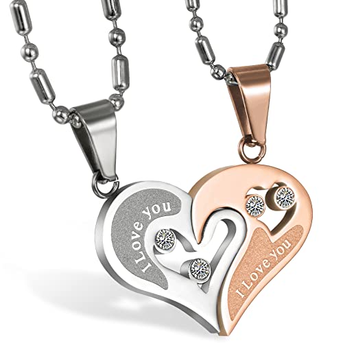 Cupimatch Pärchen Kette Herz für 2 Herren Damen Edelstahl I Love You Herz Strass Puzzle Passender Anhänger Paar Halskette mit 50 cm & 55 cm Kette Partnerarmbänder (Rosegold) von Cupimatch