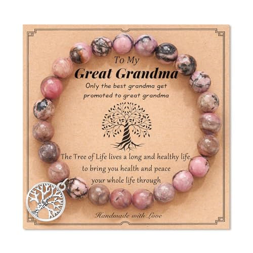 Cupimatch Perlenarmband Damen Naturstein Lebensbaum: Edelstein Armband mit Grußkarte TO MY GREAT GRANDMA Perlen Armbänder für Mama Tochter Oma Enkelin Schwester Freundin Geschenk zum Geburtstag von Cupimatch